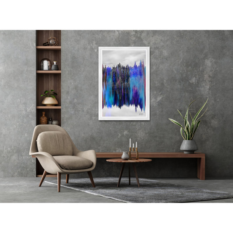 Paysage d'arbre réfléchissant en bleu, H 29 po x l 42 po x P 1,5 po, Lustre photo encadré, Cadre blanc
