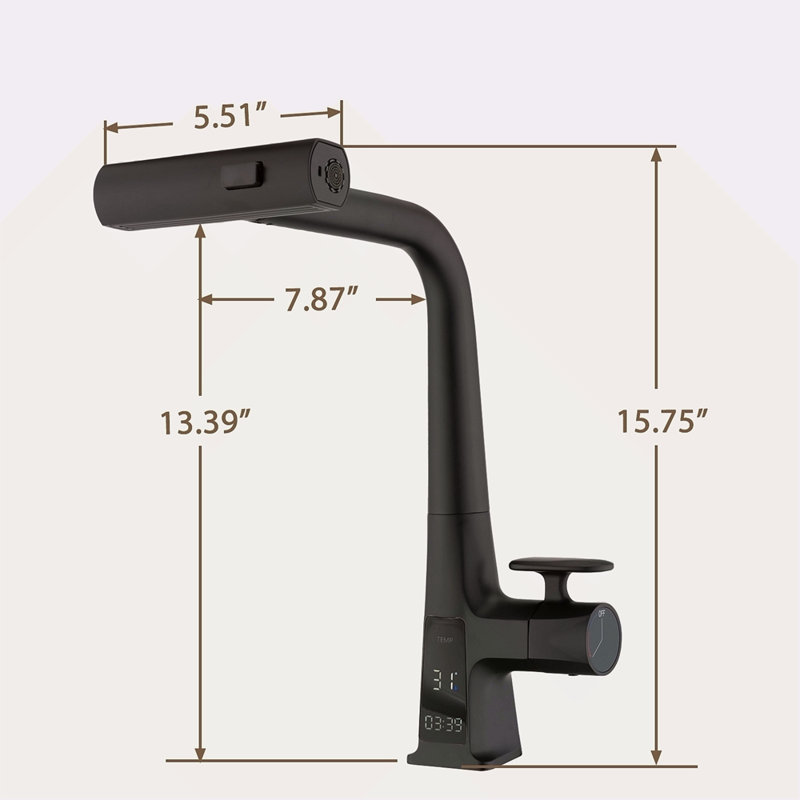 Robinet de cuisine à cascade avec affichage de la température, robinet de cuisine à poignée simple avec douchette rétractable, robinet d'évier de cuisine moderne, trois modes de sortie d'eau