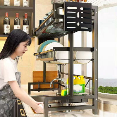 Over The Sink Dish Rack 1-Pack, double Layer Adjustable Dish Drying Rack with Knife Holder, Cutting Board Slot, Retractable Kitchen Countertop Organizer, Black