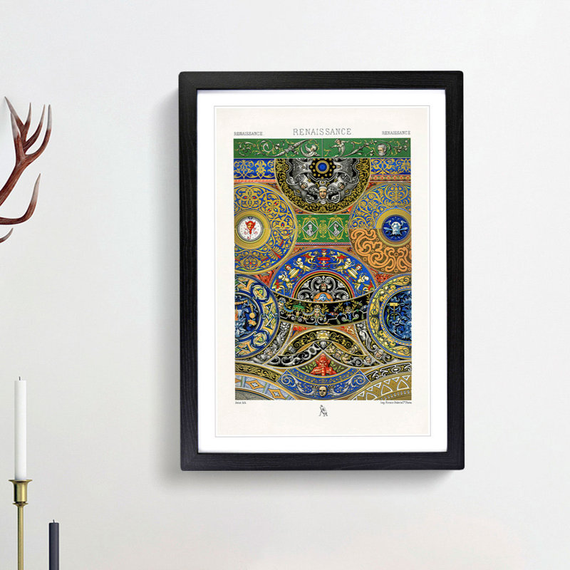 Renaissance Themed Pattern by Albert Racinet - Framed Print, 48cm H x 36cm W x 2cm D, Black Framed
