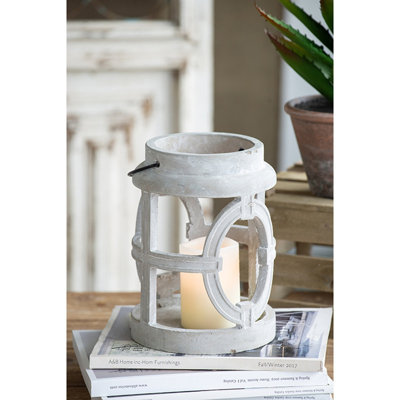 Candle Lanterns Home Decoration Porch Lanterns, 9.6"H Gray Cement Indoor Outdoor Lantern with Oval Cut-Out Design, Metal Handle, 7.1" Weather-Resistant Concrete Garden Decor (Without Candle)