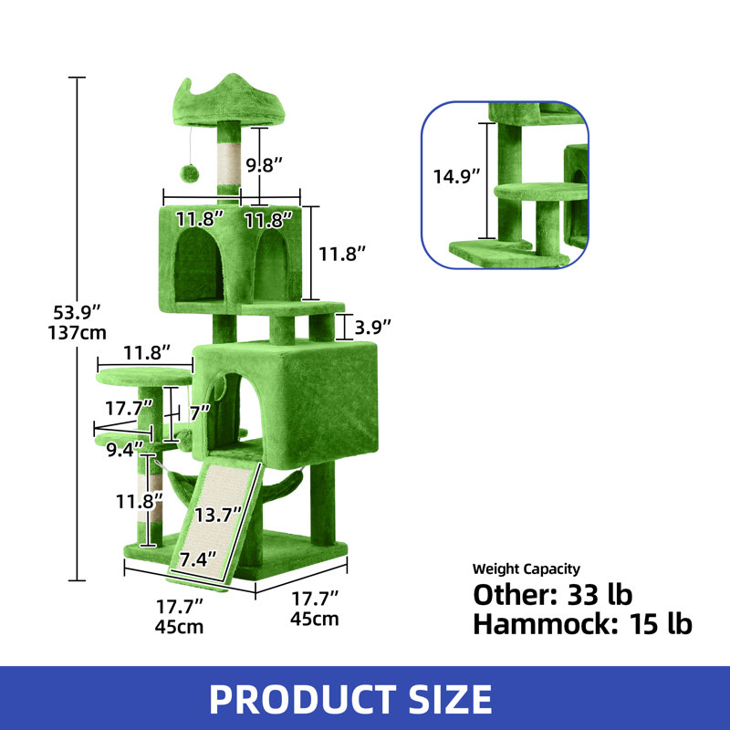 Modern Minimalist Cat Tree with Multiple Platforms and Toys, Green