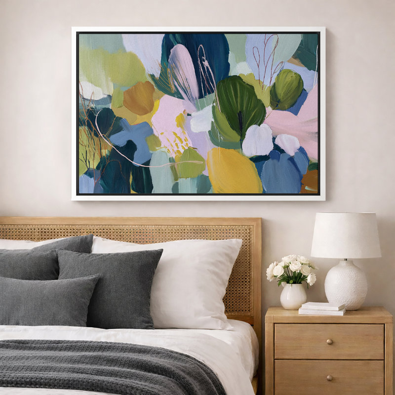 Œuvre botanique abstraite, photos de salon moderne et coloré, impression sur toile encadrée, Cadre blanc