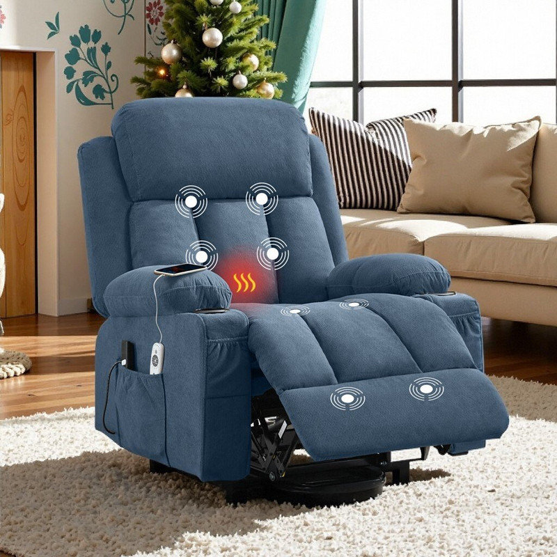 Power Lift Recliner Chair with Electric Heat, Vibration Massage Remote Control, USB Port and Storage Pockets, Blue
