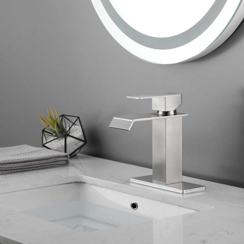 Robinet de salle de bain de style cascade avec poignée simple, bonde escamotable, trop-plein, nickel brossé, acier inoxydable à haute résistance, bec doux, stable de qualité