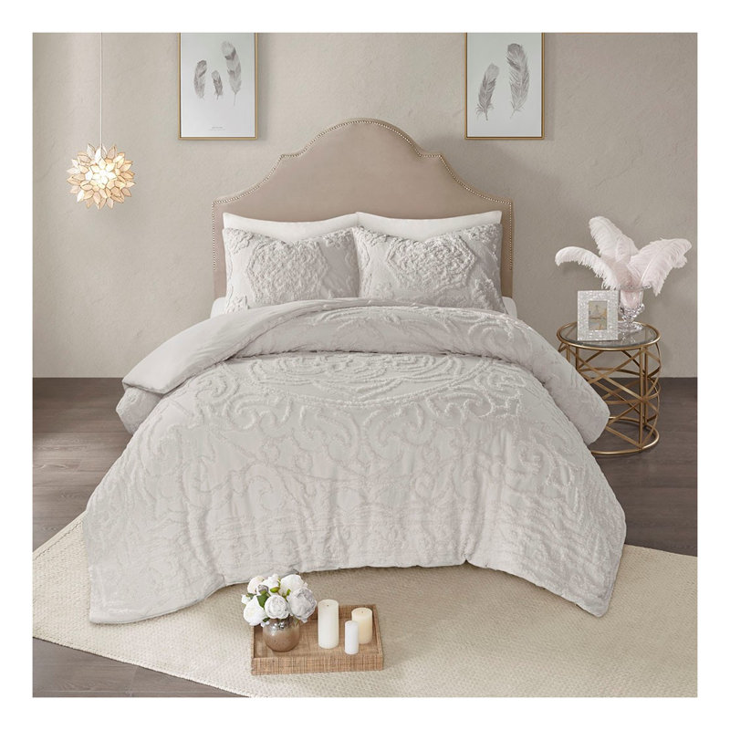 Ensemble de housse de couette médaillon en coton 3 pièces très grand / très grand californien / gris clair avec certification OEKO-TEX