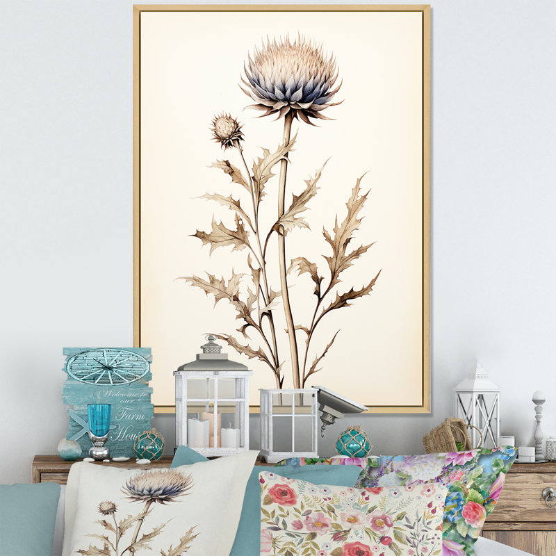 Décoration murale beige chardon fleurs I - chardon, H 40 po x l 30 po, Cadre naturel flottant