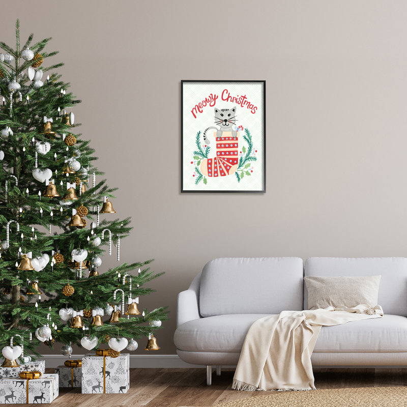 Meowy Christmas Clever Cat Nestled, H 30 po x l 24 po x P 1,5 po, Giclée encadrée noir minuit