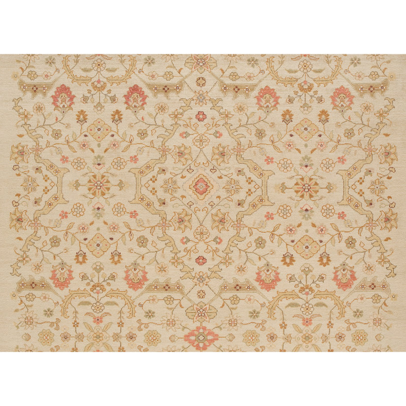 Wool Floral Area Rug in Tan/Red/Green, Rectangle 12' x 20'