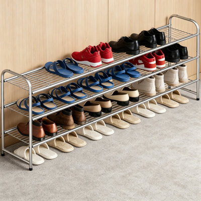 3-Tier Long Metal Shoe Rack, Wide Stackable Wire Grid