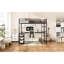 Lit mezzanine double avec bureau et tablettes ouvertes, structure en métal robuste, barrières de sécurité en hauteur pour les adolescents en forme de L