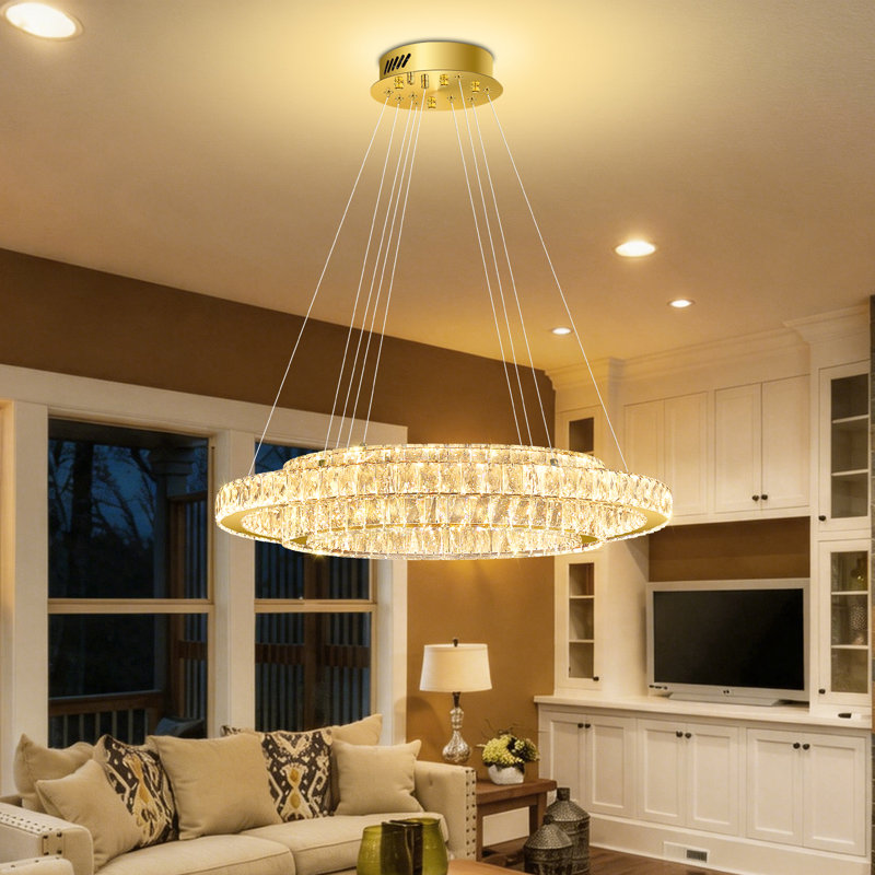 Modern Gold 2 Ring Crystal Chandeliers LED Dimmable Pendant Light for Living Room Bedroom