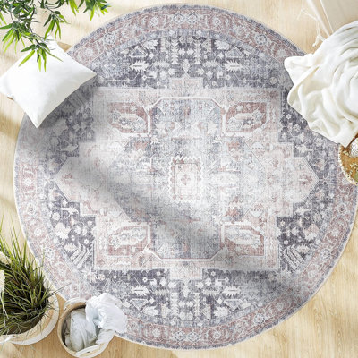 GLN Rugs Collection Vintage - tapis lavable à la machine, tapis lavable rétro, tapis antidérapant, tapis de salon à poils courts, tapis de chambre à coucher, tapis de salle de bain - facile à nettoyer (tapis brun et gris)