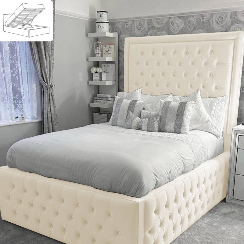 Chanoa Deluxe Ottoman Storage Bed - Bumperbar Plush Velvet Upholstered Gas Lift Bed Frame, Super King (6'), Cream
