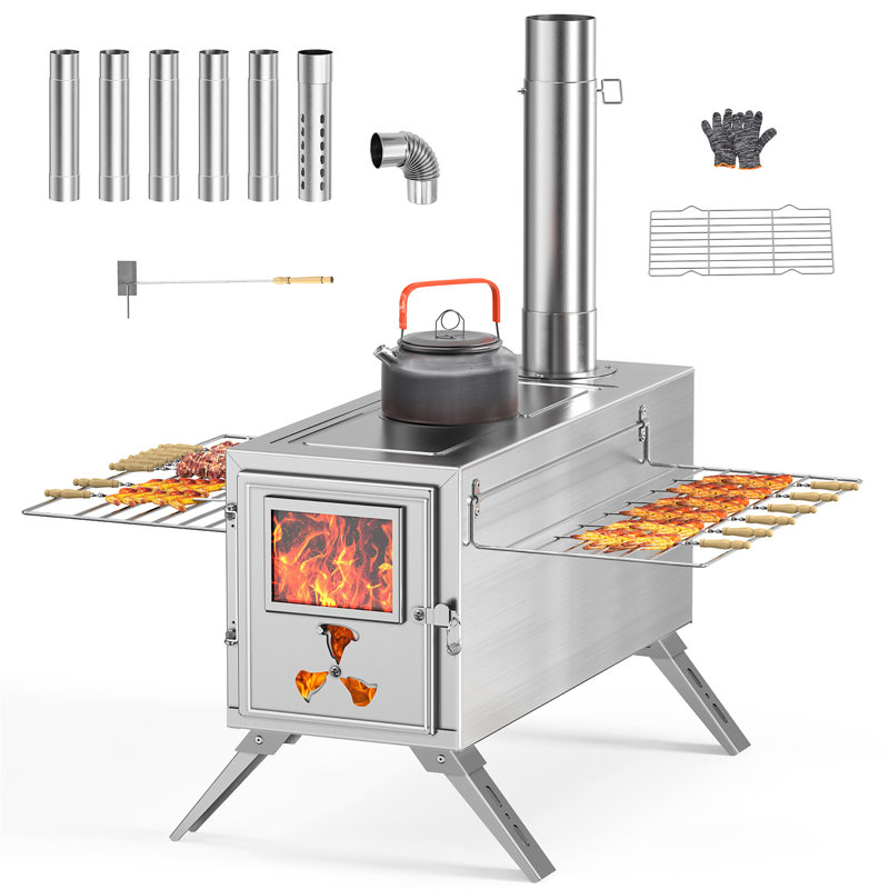 Camping Tent Stove Portable Wood Burning Stove with Window and 7 Chimney Pipe Side Racks 2 Grates