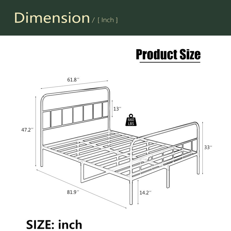 Structure de grand lit avec tête et pied de lit, structure de lit plateforme en métal, support à lattes entièrement en métal, rangement sous le lit, aucun sommier requis, assemblage facile