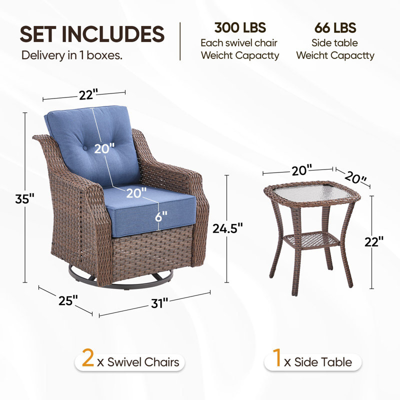 Circlarmino Swivel 3-Piece All-Weather Outdoor Wicker Patio Conversation Set With Side Table, Blue