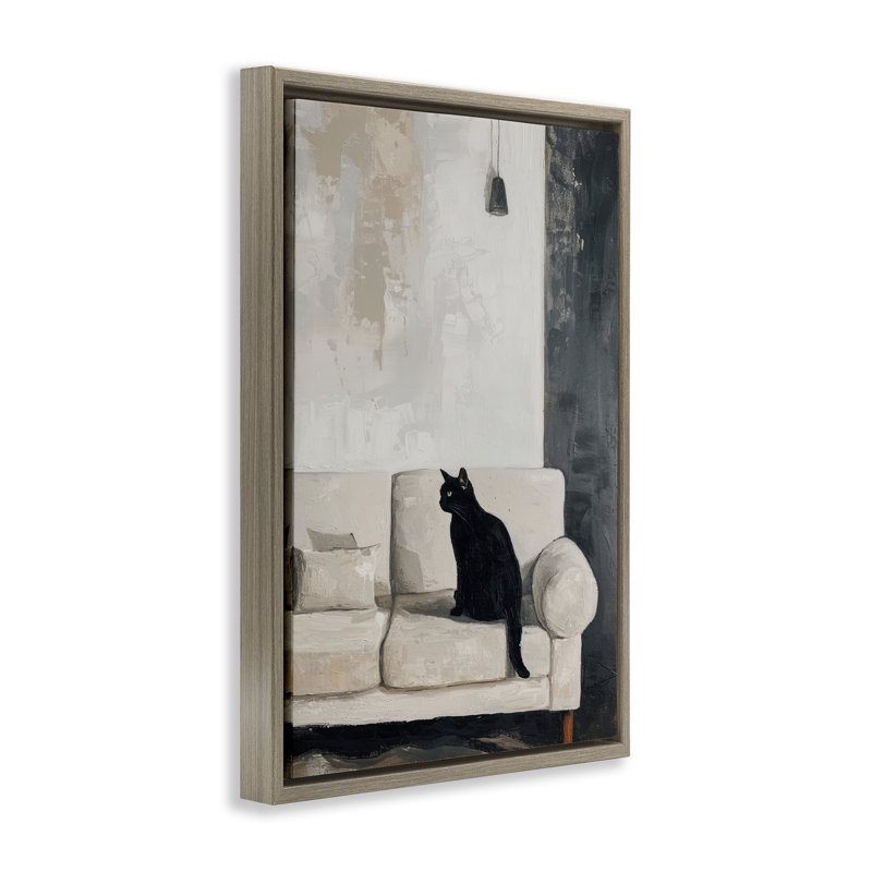 Chat noir sur canapé, art mural sur toile flottante, design par LSR Creative Studio, H 25 po x l 17 po