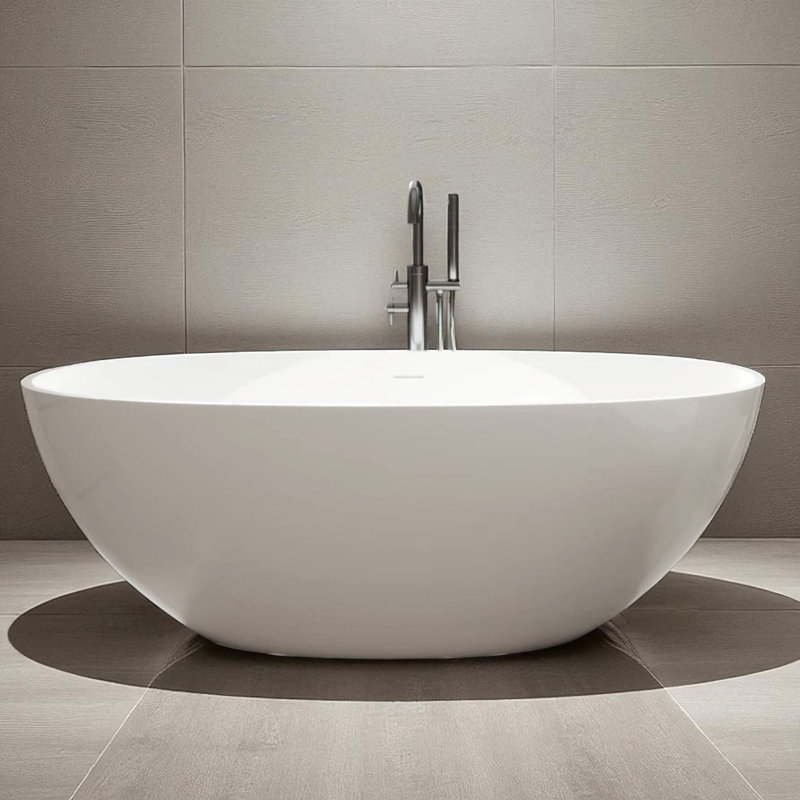 KISRAIS 65"x30" Matte White Solid Surface Freestanding Soaking Bathtub, Glossy White