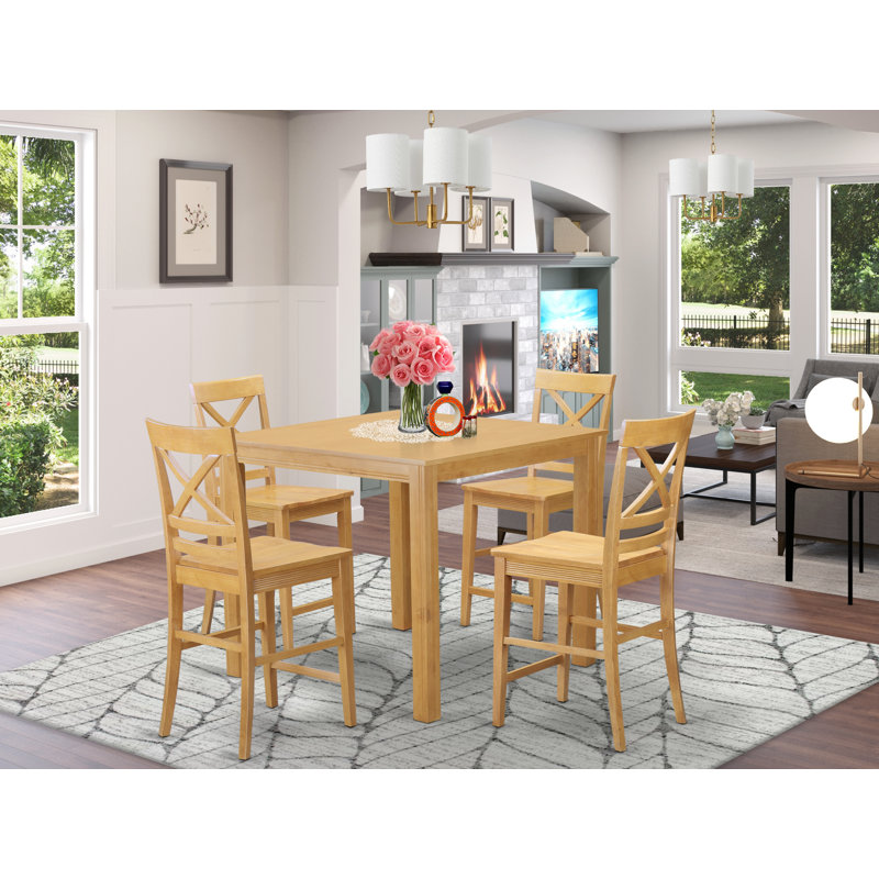 Ensemble de salle à manger en bois d'hévéa à hauteur de comptoir Crescio, 5 (1 table + 4 chaises)