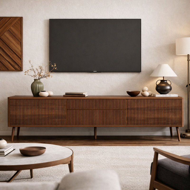 Up to 75", Mid-Century Modern Fluted TV Stand with Solid Wood Legs, Walnut TV Console with Two Storage Drawers and Cabinets