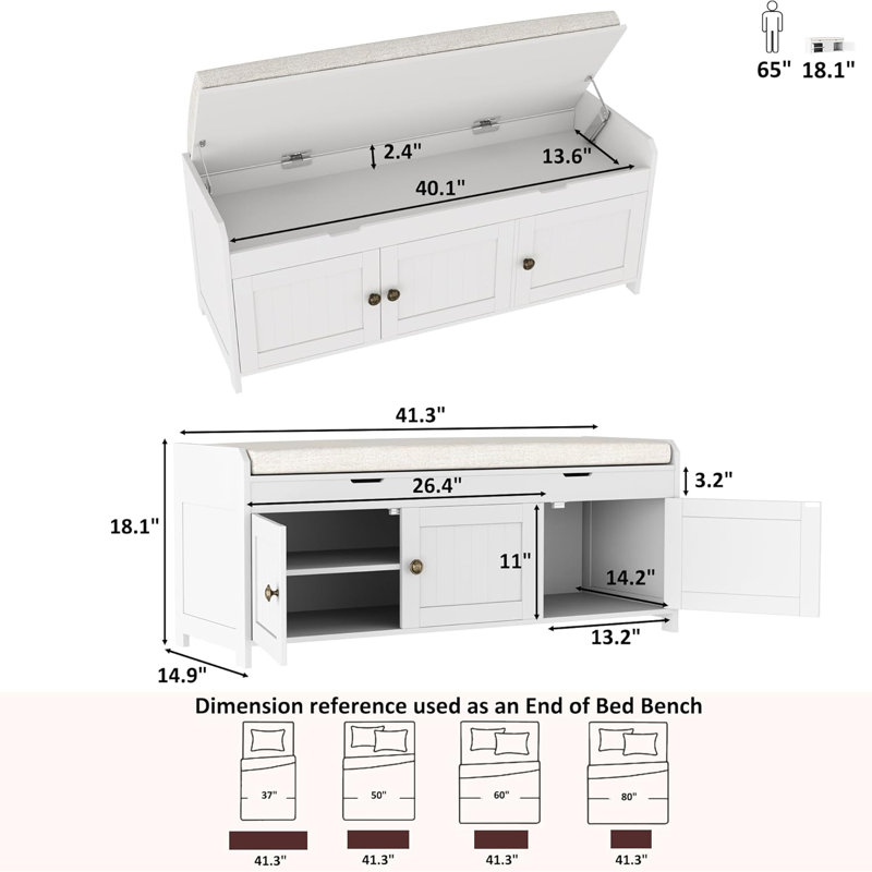  41.3" Shoe Bench with Lift Top Storage,10 Pair Linen Blend Upholstered Shoe Storage Bench, White