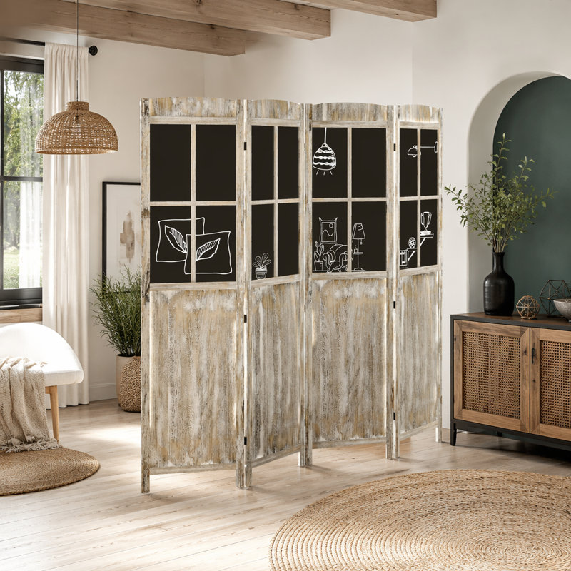 Paravent 4 panneaux pliable de style maison de campagne, écran d'intimité en bois portable avec tableaux noirs pour la maison et le bureau
