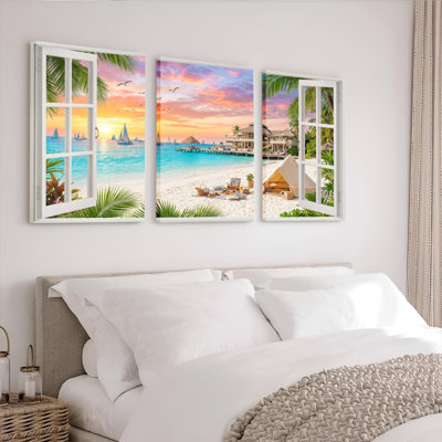 Plage tropicale, coucher de soleil, fenêtre, toile tendue sur toile, ensemble de 3 reproductions de peintures à l'huile pour salon