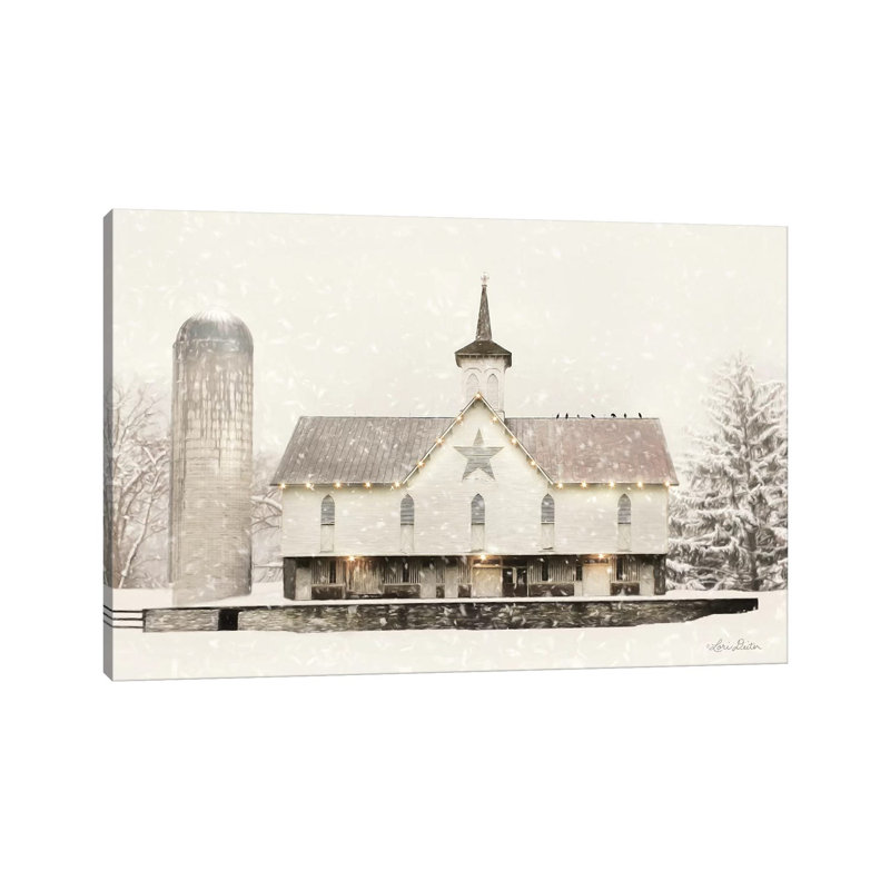«Christmas Star Barn with Lights» par Lori Deiter - reproduction d'art sur toile tendue, H 26 po x l 40 po x 1,5 po