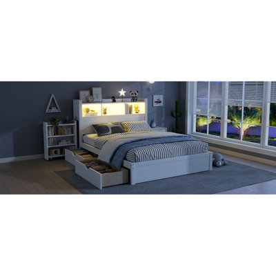 Lit avec tiroirs, lit en bois avec tête de rangement et armoire de rangement escamotable, lit en bois avec lumière et douille