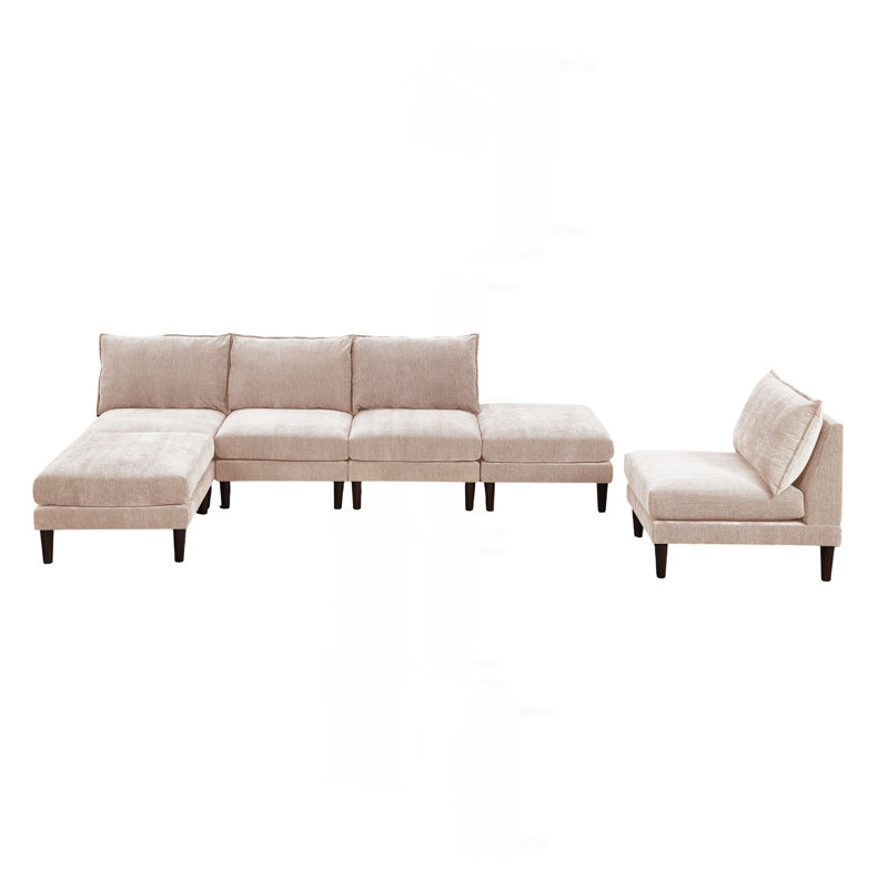 Superbe ensemble modulaire 6 pièces 4X sans accoudoirs 2X repose-pieds canapé de couleur minérale en tissu Morgan, Tissu rose