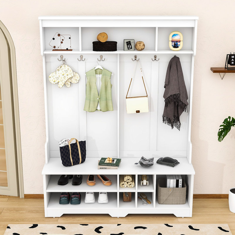 Elegant Hall Tree with Spacious Storage, Bench and Hooks, White