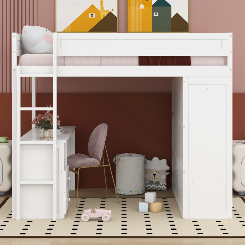 Lit mezzanine avec tiroirs Jaslena Kids, Blanc, Double