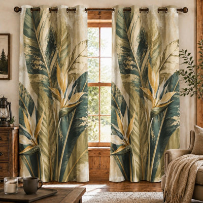 2Pcs Tropical Bird of Paradise Leaves Print Sun Blocking Curtains, Lush Green Botanical Art, Modern Abstract Leaf Pattern Ring Top for Living Room Bedroom Decoration for Home Dector