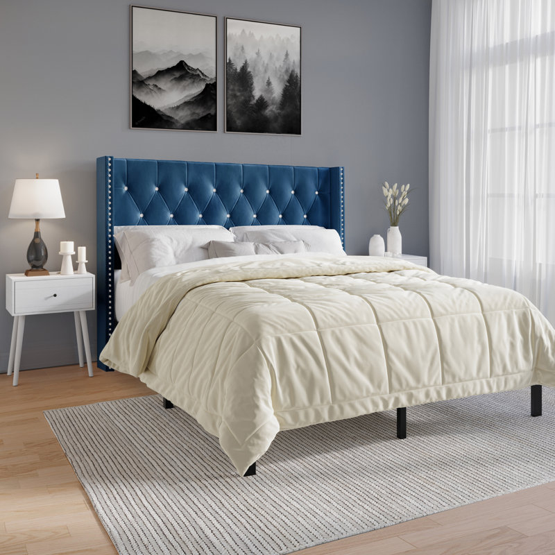 Classic Upholstered Bed with 2 Nightstands In Velvet, Navy Blue, Queen