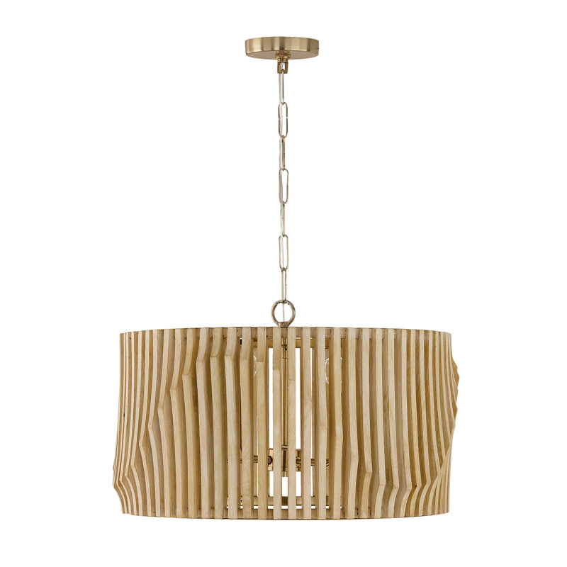 24" W x 15" H 4-Light Pendant in Matte Brass and Handcrafted Blonde Mango Wood, 24"W x 15"H