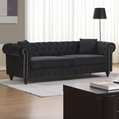 Canapé Chesterfield 85,5 po en velours 3 places avec accoudoirs roulés et capitonnage à boutons, canapé classique avec 2 coussins pour le salon, un appartement ou un bureau (capacité de 750 lb)