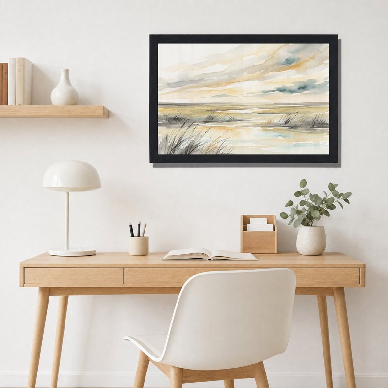" Watercolor Marsh Landscape with Cloudy Sky " Painting, 16"H x 24"W