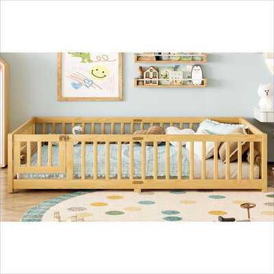 Kids bedroom queen size floor bed with safety guardrails and door for growing kids, solid pine construction, light natural