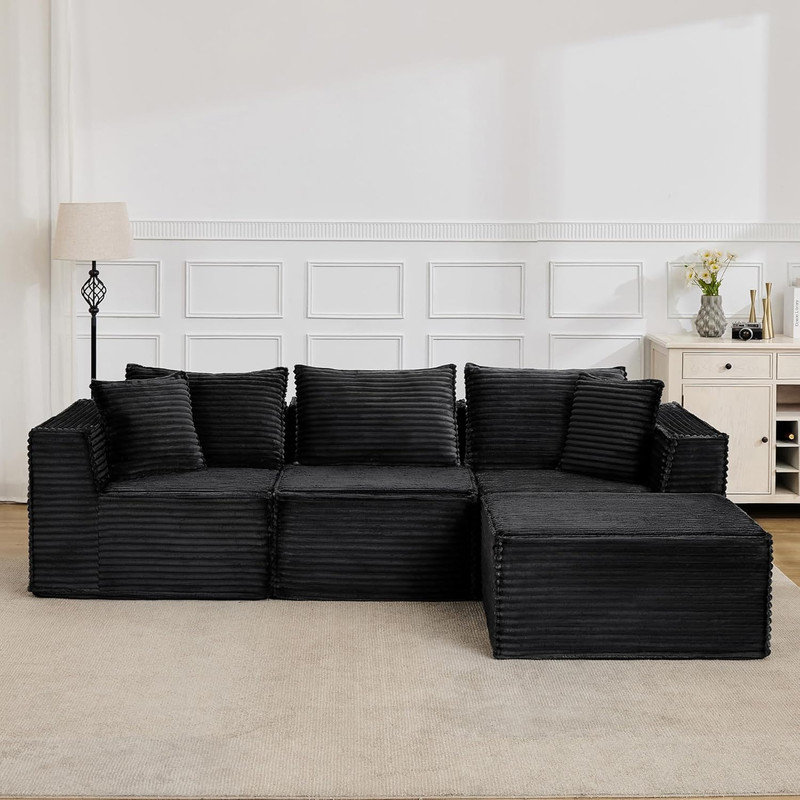Canapé modulaire de 107 po avec 1 repose-pieds et canapé en forme de L pour le salon, sans assemblage, 3, Noir