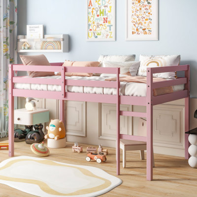 Lit mezzanine bas simple avec échelle, lit mezzanine en bois pour enfants, junior, jeunes adolescents, cadre de lit simple en bois de pin, conception peu encombrante, aucun sommier requis, assemblage facile, rose