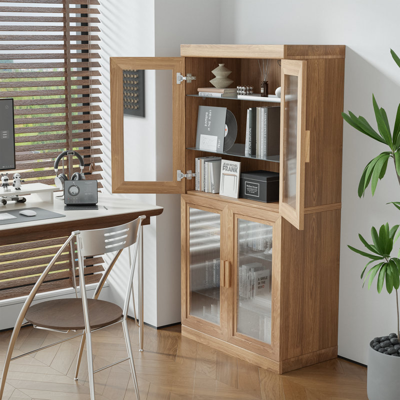 62" Wood Storage Bookcase with Adjustable Shelves with Glass Doors, Natural Wood