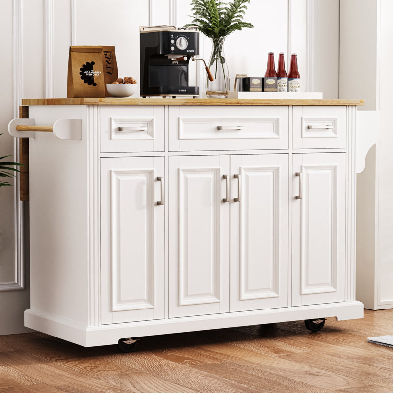 54inch Large Kitchen Island with Rubber Wood Drop Leaf, Embossed Texture Rolling Kitchen Cart on 4 Wheels with 4 Doors and 3 Drawers, Kitchen Island with Storage for Kitchen, Dining Room