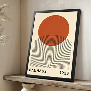 Modern Abstract Large orange circle with curved lines, Bauhaus 1923 text, Geometric abstract art style. 24" x 36" Framed Canvas Wall Art in Black Wood Frame
