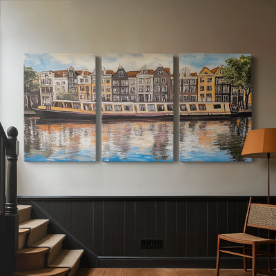 Ensemble coloré d'art mural sur toile 3 pièces, canal de Amsterdam coloré, 24 x 36 chaque panneau, galerie tendue prête à être accrochée - série paysage CXI