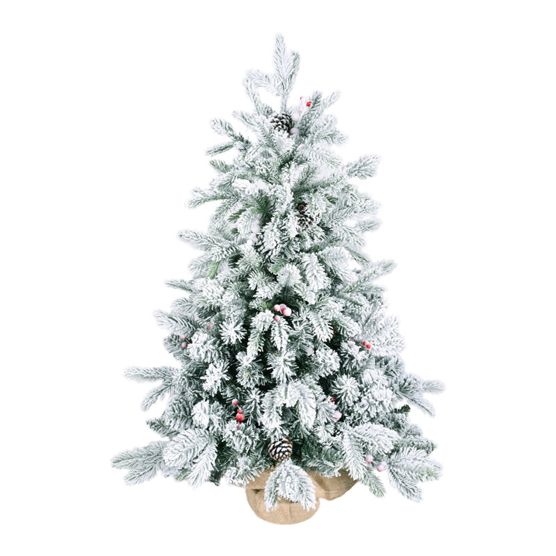 Arbre de Noël de table floqué 3 pi avec 355 pointes, branches en PE / PVC enneigées, 14 pommes de pin et 14 baies rouges, base en ciment en toile de jute - petit arbre décoratif pour la maison et le bureau