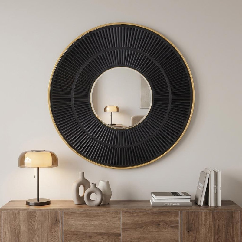 Manufactured Wood Frame Vertical Mirror, Golden Black, 31.5" x 31.5", Rond