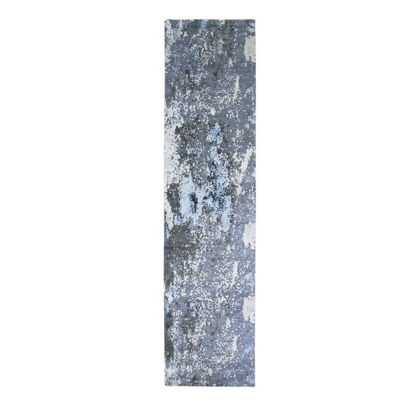 Tapis oriental gris 2 pi 6 po x 10 pi 2 po à motif abstrait en laine et soie véritable noué à la main 2ENS
