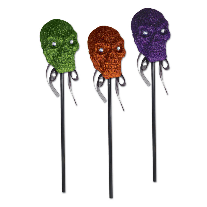 Crânes d'Halloween en plastique scintillant avec bâton