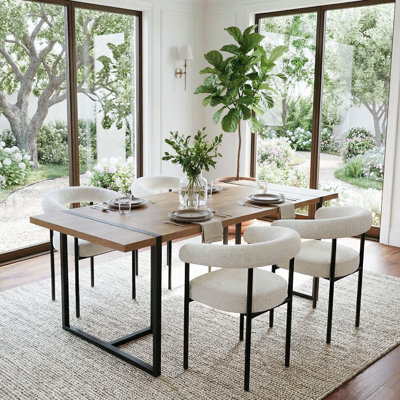 Modern Rectangular Dining Table Set For 4 With Upholstered Barrel Armchairs